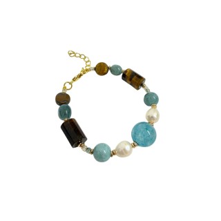 Pulsera de ágatas y perlas en azul mar y marrón