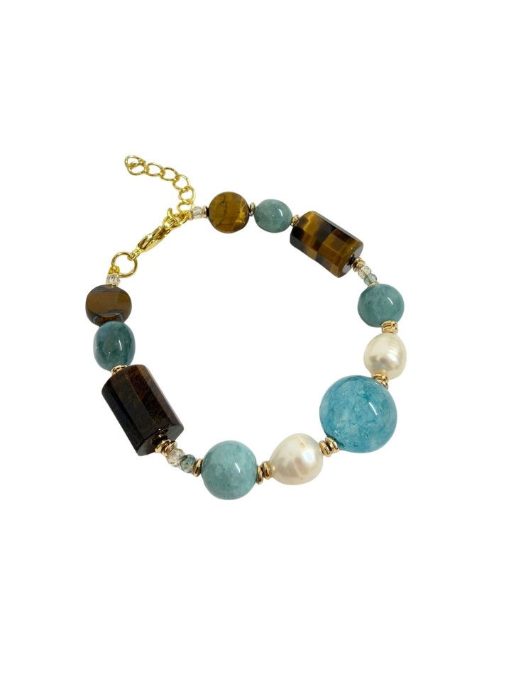 Pulsera de ágatas y perlas en azul mar y marrón