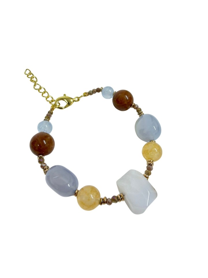 Pulsera de ágatas y perlas en tonos azules, marrones y amarillos